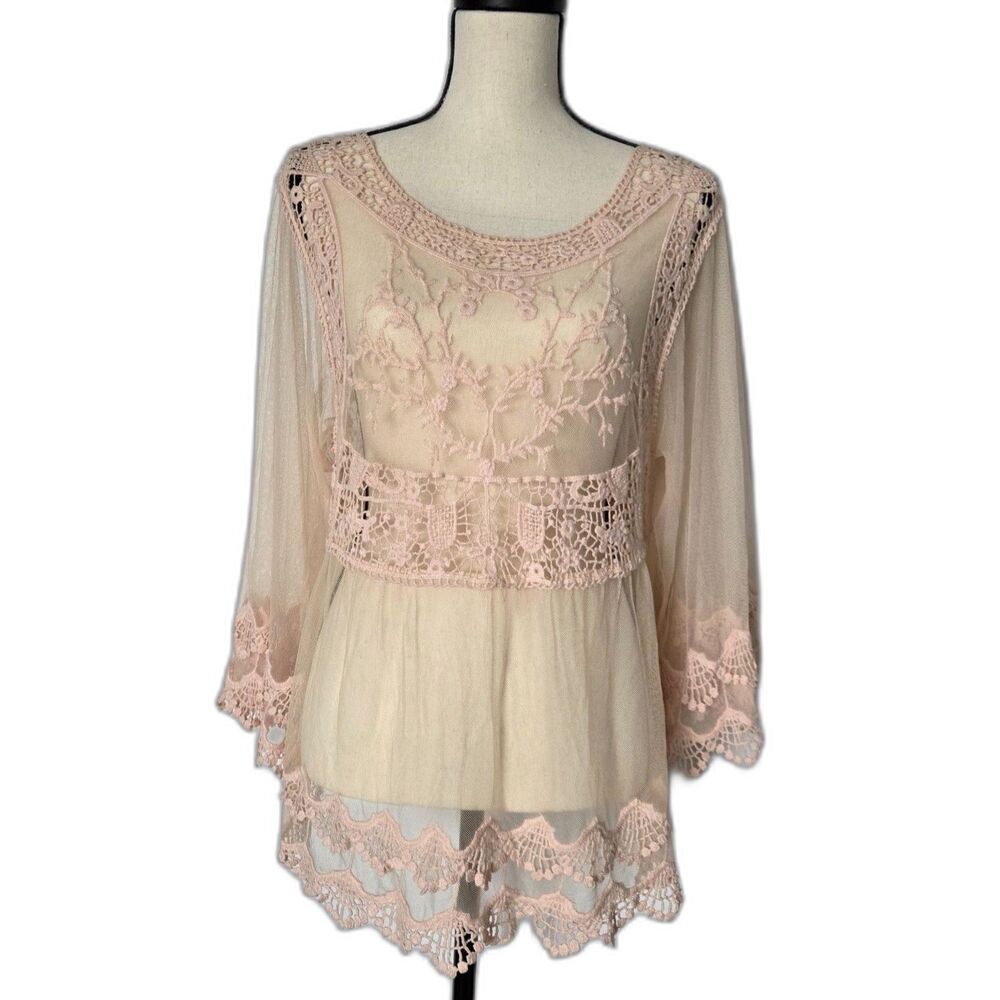 PINKMELO Sheer Lace Mesh Tunic Top Medium Pink Boho Bell Sleeve Blouse
